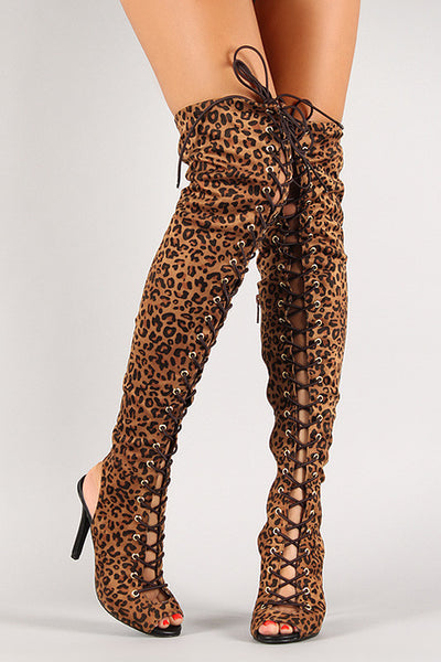 Jeanette - Leopard Lace Up Back Cut Out Over-The-Knee Boot