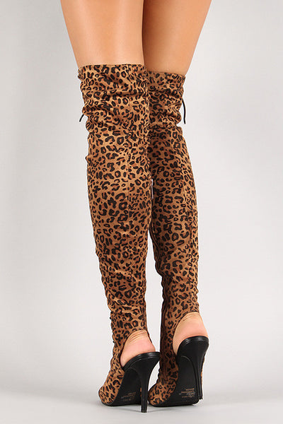 Jeanette - Leopard Lace Up Back Cut Out Over-The-Knee Boot