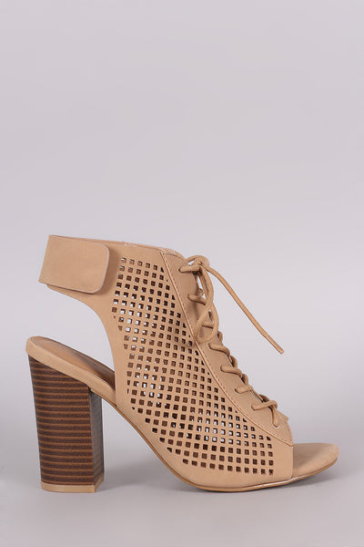 Oashae - Perforated Nubuck Lace Up Chunky Heeled Mule Booties