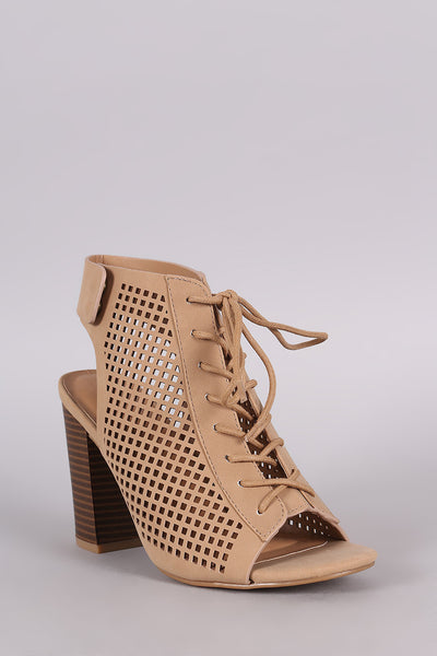 Oashae - Perforated Nubuck Lace Up Chunky Heeled Mule Booties