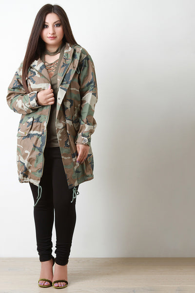 Draw String Hem Long Camouflage Jacket