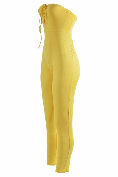 Yellow Velvet Leather Strapless Jumpsuit