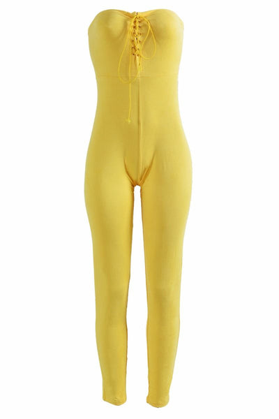 Yellow Velvet Leather Strapless Jumpsuit