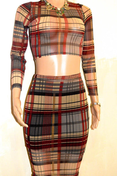 Plaid Mesh Skirt & Crop Top Set