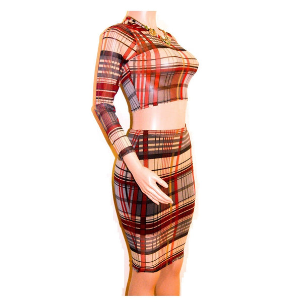 Plaid Mesh Skirt & Crop Top Set