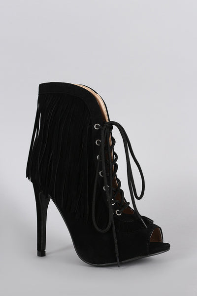 Lemi - Corset Fringe Peep Toe Booties