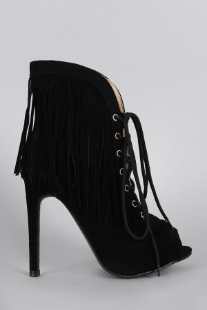 Lemi - Corset Fringe Peep Toe Booties