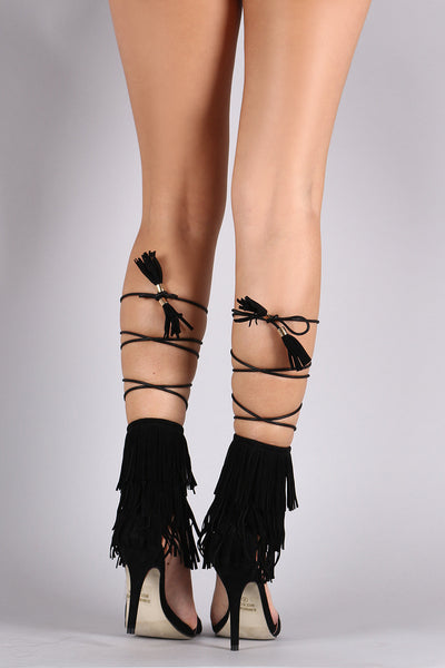 Misty -  Fringe Cuff Tassel Lace Up Open Toe Heel