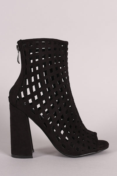 Riki - Suede Perforated Peep Toe Chunky Heeled Booties