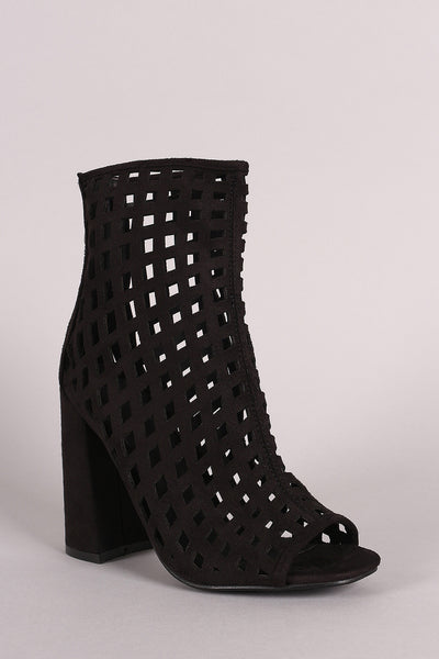 Riki - Suede Perforated Peep Toe Chunky Heeled Booties