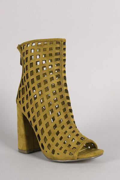 Riki - Suede Perforated Peep Toe Chunky Heeled Booties