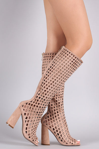 Rita - Suede Perforated Peep Toe Chunky Heeled Boots