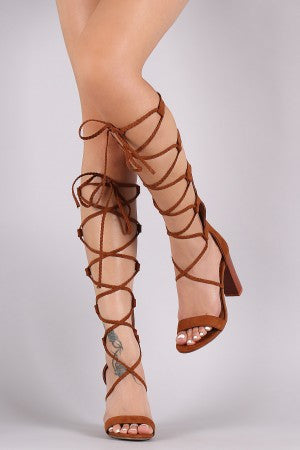 Suede Braided Lace-Up Chunky Heel