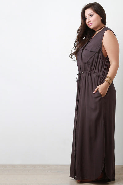 Button-Up Double Pocket Maxi Dress