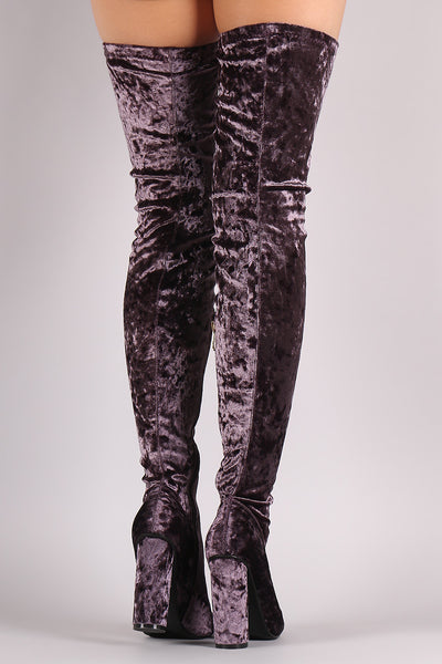 Lottie - Velvet Pointy Toe Chunky Heel OTK Boots