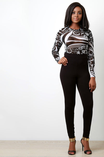 Contrast Printed Mesh Longsleeve Jumpsuit