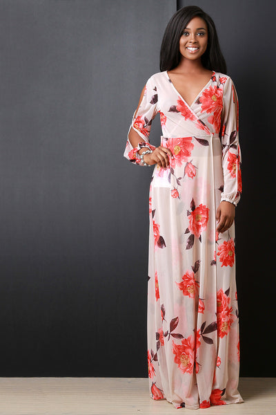 Floral Printed Mesh Open Longsleeves Maxi Dress