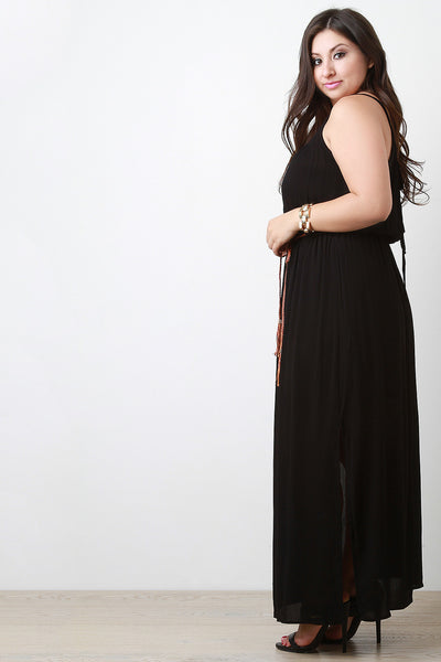 Belted Surplice Back Sleeveless Maxi Dress