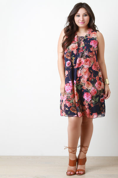 Chiffon Floral Print Lace-Up Shift Dress