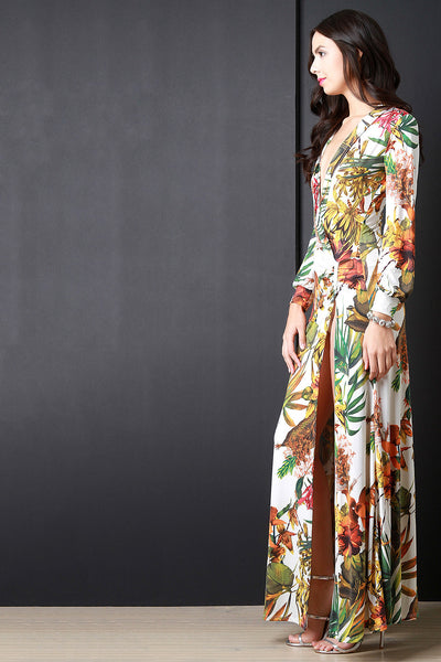 Tropical Print Plunging V High Slit Maxi Dress