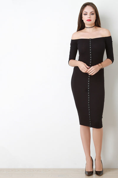 Off The Shoulder Snap Front Rib Knit Bodycon Midi Dress