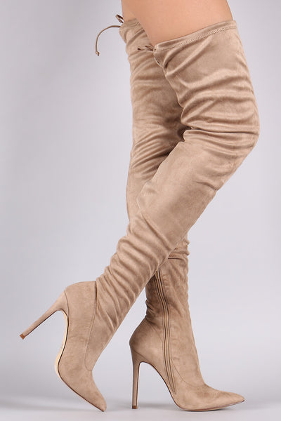 Unique - Drawstring Tie Stiletto Suede Over-The-Knee Boots