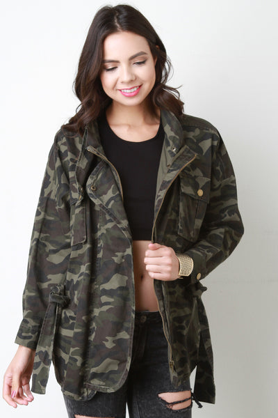 Camouflage Snap Button Belted Jacket