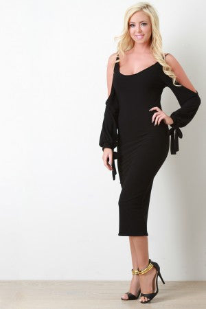 Cold Shoulder Self-Tie Cuff Longsleeve Dress