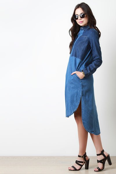 Denim Colorblock Button Up Pocketed Shirt Dress