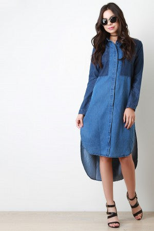 Denim Colorblock Button Up Pocketed Shirt Dress