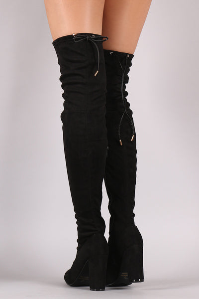 Elle - Drawstring Tie Chunky Heeled Over-The-Knee Boots