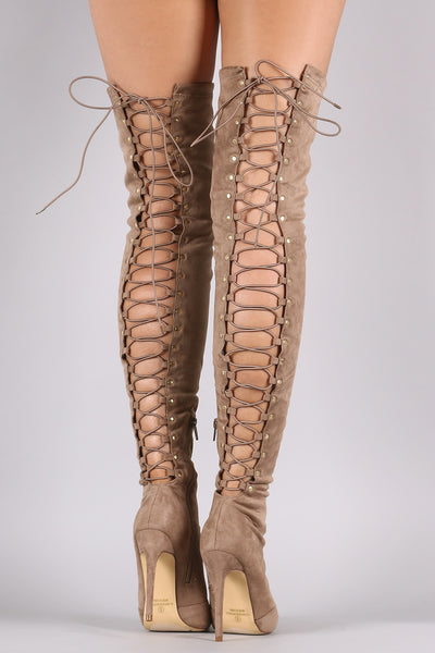 Issa - Suede Back Studded Lace Up Pointy Toe Boots