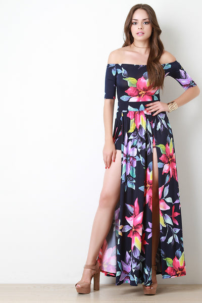 Floral Pattern High Vent Slit Bardot Maxi Dress