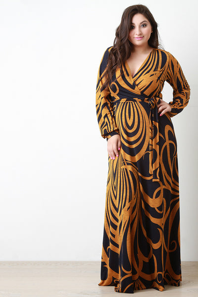 Abstract Curve Lines Surplice Longsleeve Maxi Dress