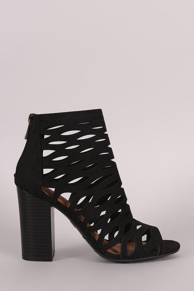 Tawi - Suede Caged Cutout Chunky Heeled Booties