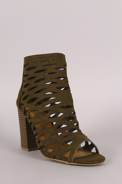 Tawi - Suede Caged Cutout Chunky Heeled Booties