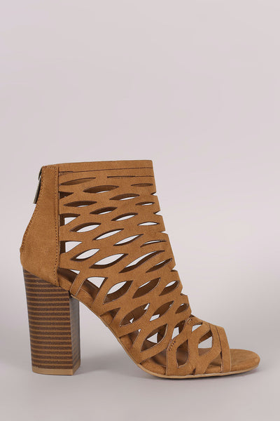 Tawi - Suede Caged Cutout Chunky Heeled Booties