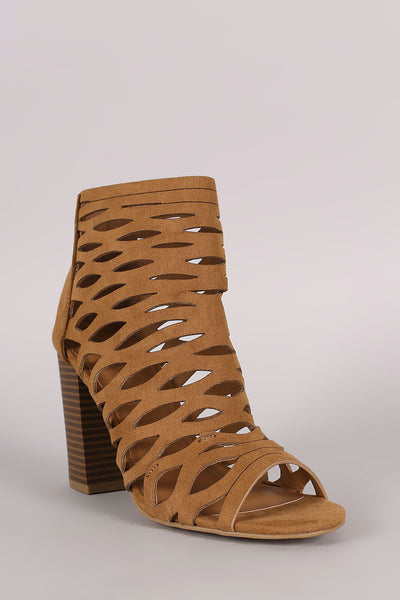 Tawi - Suede Caged Cutout Chunky Heeled Booties