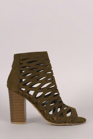 Tawi - Suede Caged Cutout Chunky Heeled Booties