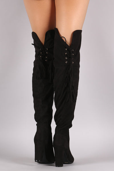 Delsa - Suede Back Tassel Lace Up Chunky Heeled Boots