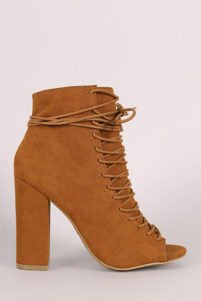 Bae - Suede Lace-Up Ankle Tie Chunky Heeled Booties
