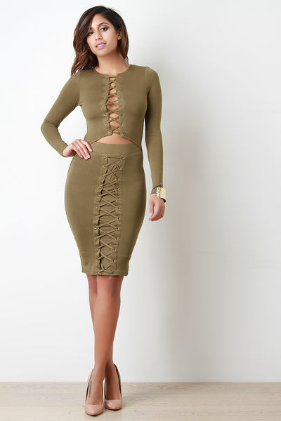 Corset Lace Long Sleeve Midi Dress
