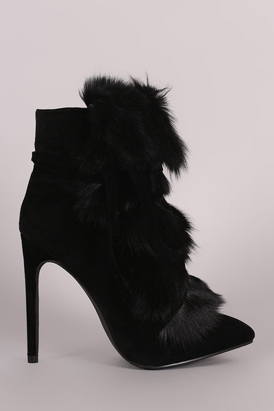 Ruby -  Fur Lace Up Pointy Toe Stiletto Booties