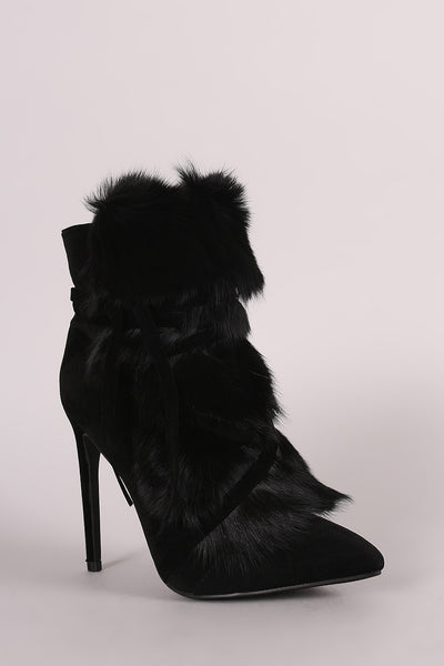 Ruby -  Fur Lace Up Pointy Toe Stiletto Booties