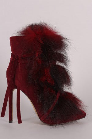 Ruby -  Fur Lace Up Pointy Toe Stiletto Booties