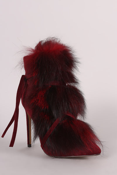 Ruby -  Fur Lace Up Pointy Toe Stiletto Booties