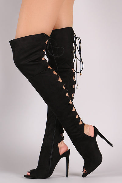 Lui - Corset Back Peep Toe Stiletto OTK Boots