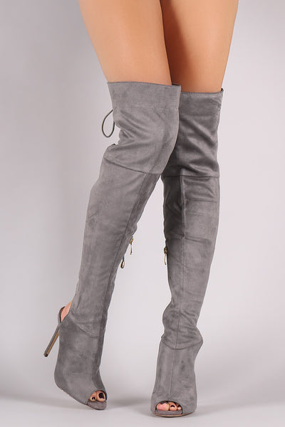 Lui - Corset Back Peep Toe Stiletto OTK Boots