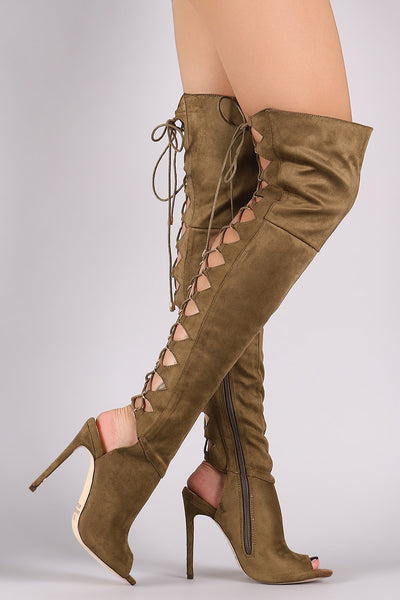 Lui - Corset Back Peep Toe Stiletto OTK Boots