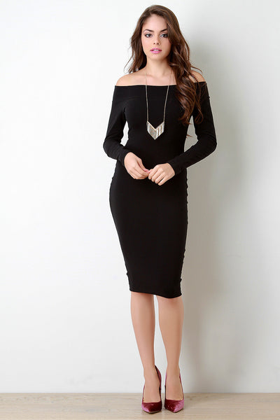 Banded Off-The-Shoulder Long Sleeve Jersey Dress